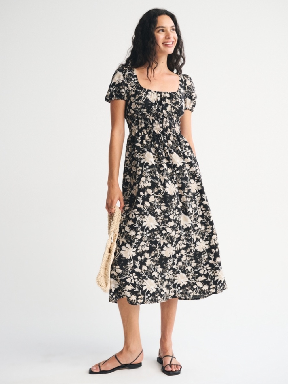 NWT Abercrombie & Fitch Puff Sleeve Smocked Waist Midi Dress